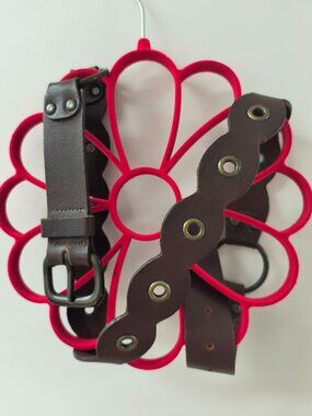 Izette Genuine Leather Riveted Ring Design Brass Buckle Brown Belt L